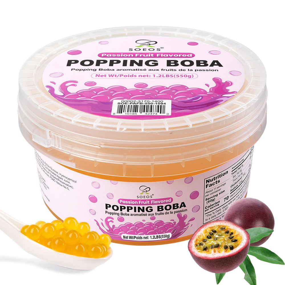 Soeos Passion Fruit Popping Boba jar ready for beverages
