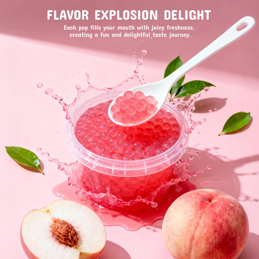 Dessert plate featuring Soeos Peach Popping Boba accents