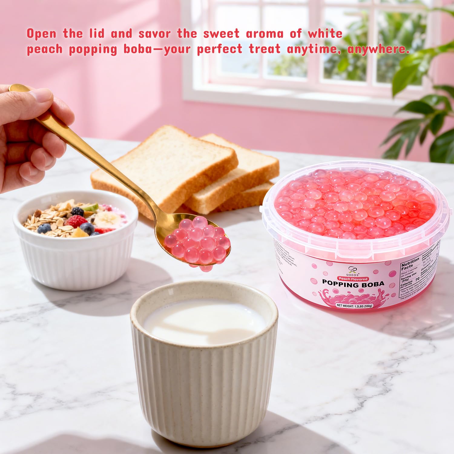 Peach popping boba over ice cream showing topping versatility