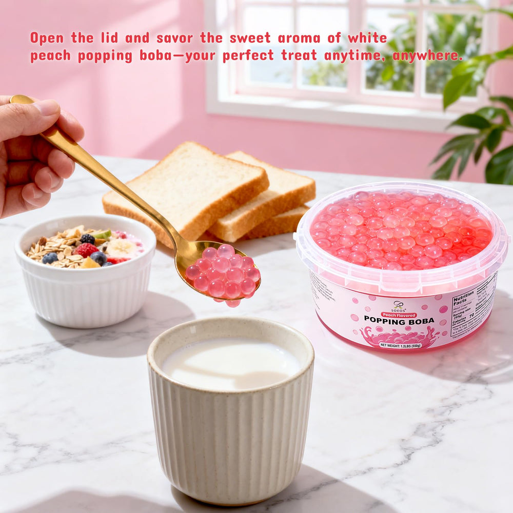 Peach popping boba over ice cream showing topping versatility