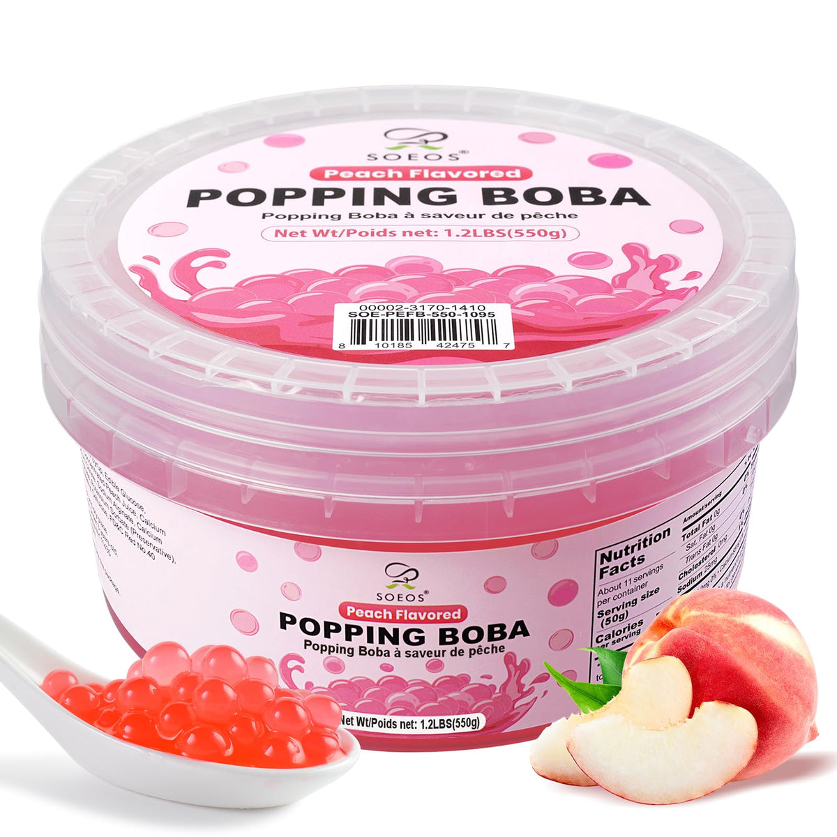 Soeos Peach Popping Boba jar front view showing juicy pearls for drinks