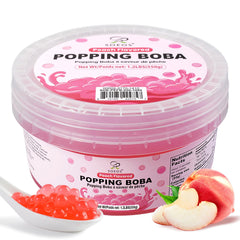 Soeos Peach Popping Boba jar front view showing juicy pearls for drinks