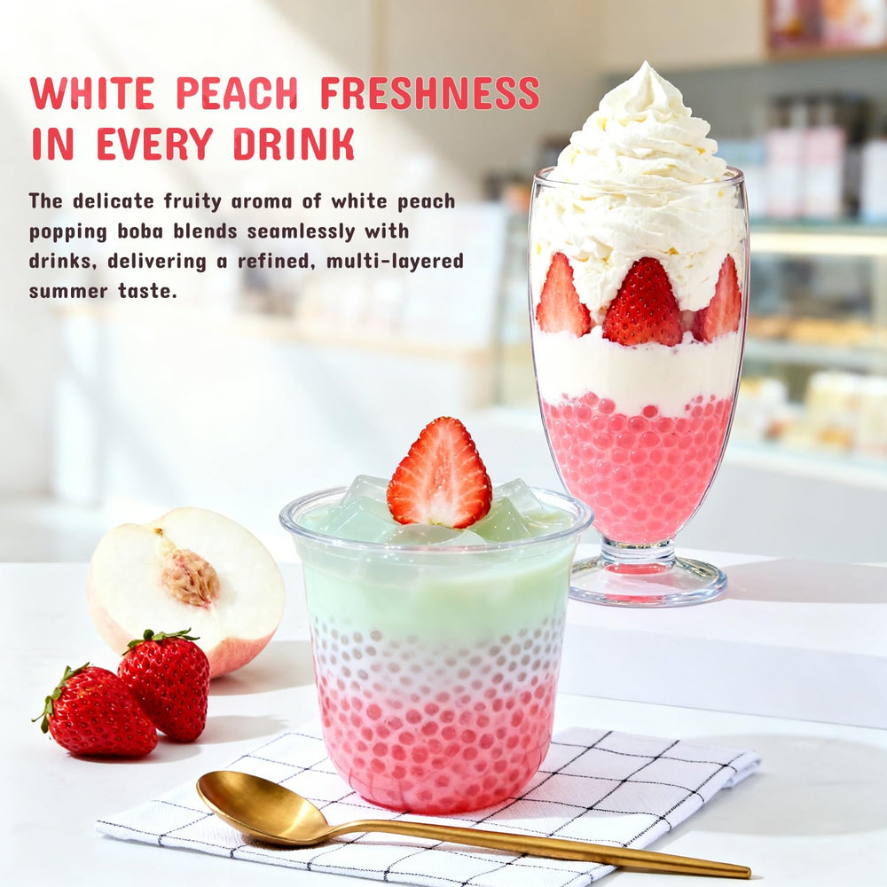 Soeos Peach Popping Boba in a smoothie scene for convenient topping