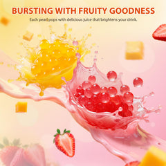 Soeos popping boba pearls close-up reveals juicy fruit centers and bright color