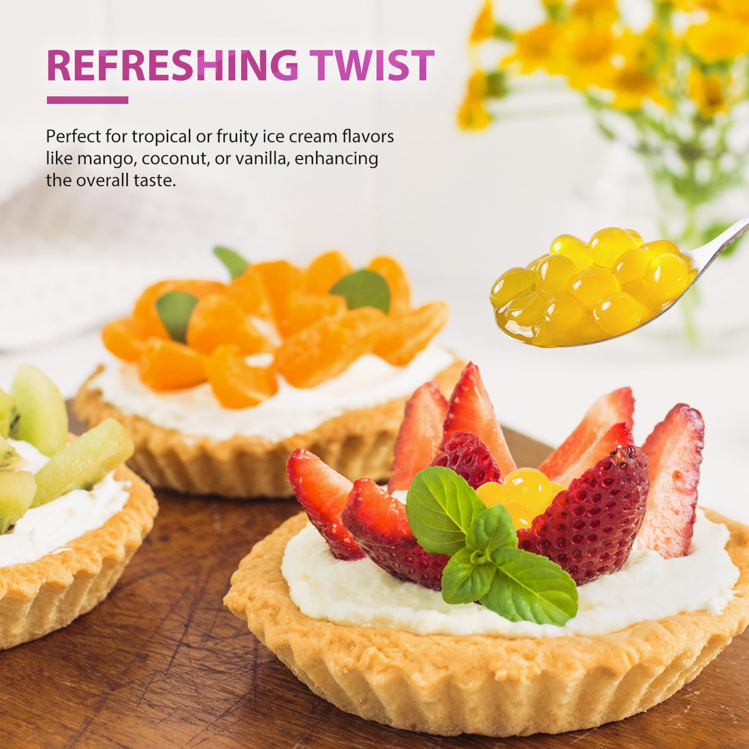 Soeos passion fruit pearls decorate desserts