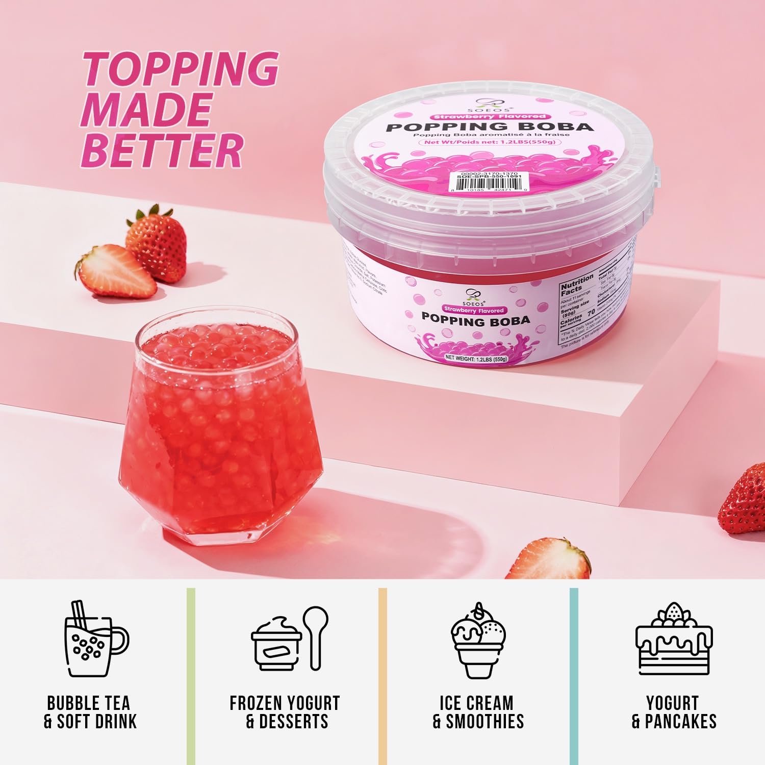 Soeos popping boba splash highlighting strawberry juice burst in drinks