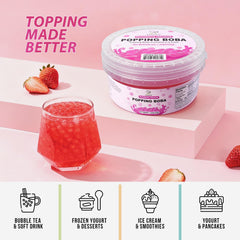 Soeos popping boba splash highlighting strawberry juice burst in drinks