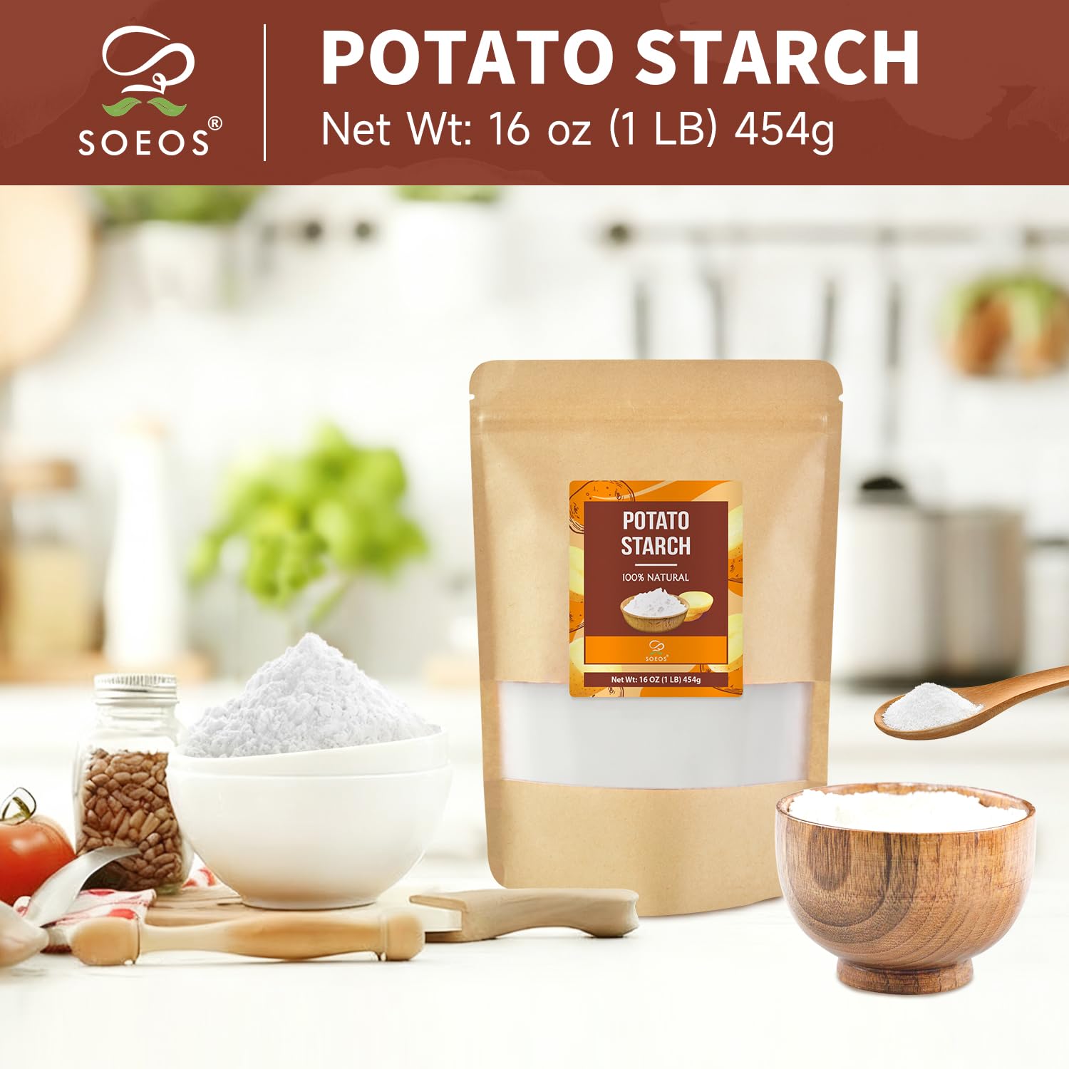 Soeos Potato Starch baking binder enhances moisture in gluten-free treats.