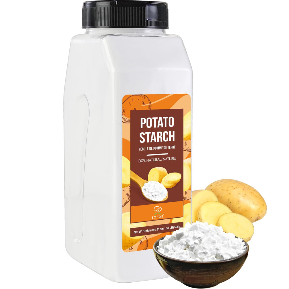 Soeos potato starch bottle—gluten-free thickener ideal for soups and gravies.