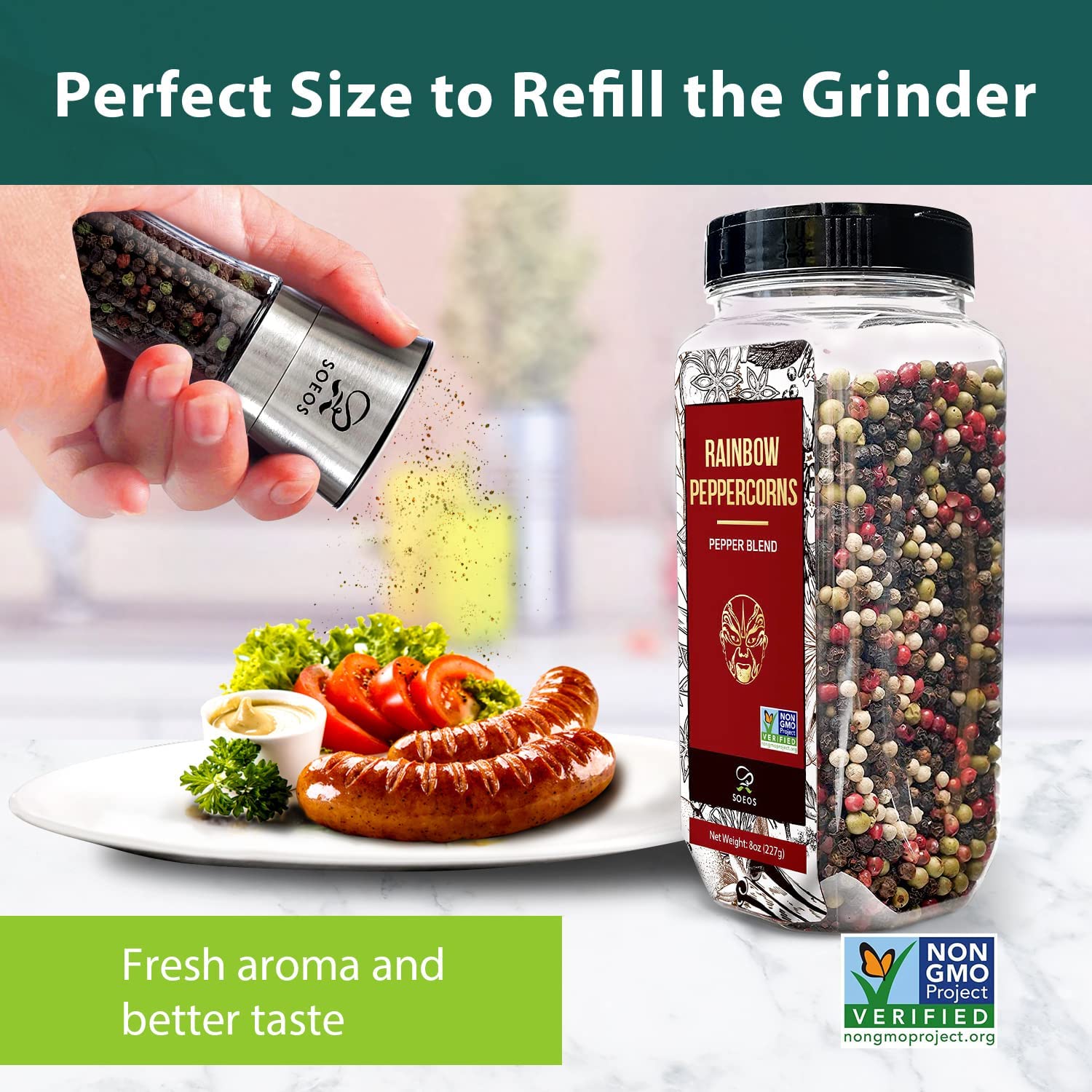 Soeos Rainbow Peppercorns Blend on wooden board, colorful spice mix for gourmet dishes.