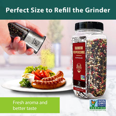 Soeos Rainbow Peppercorns Blend on wooden board, colorful spice mix for gourmet dishes.