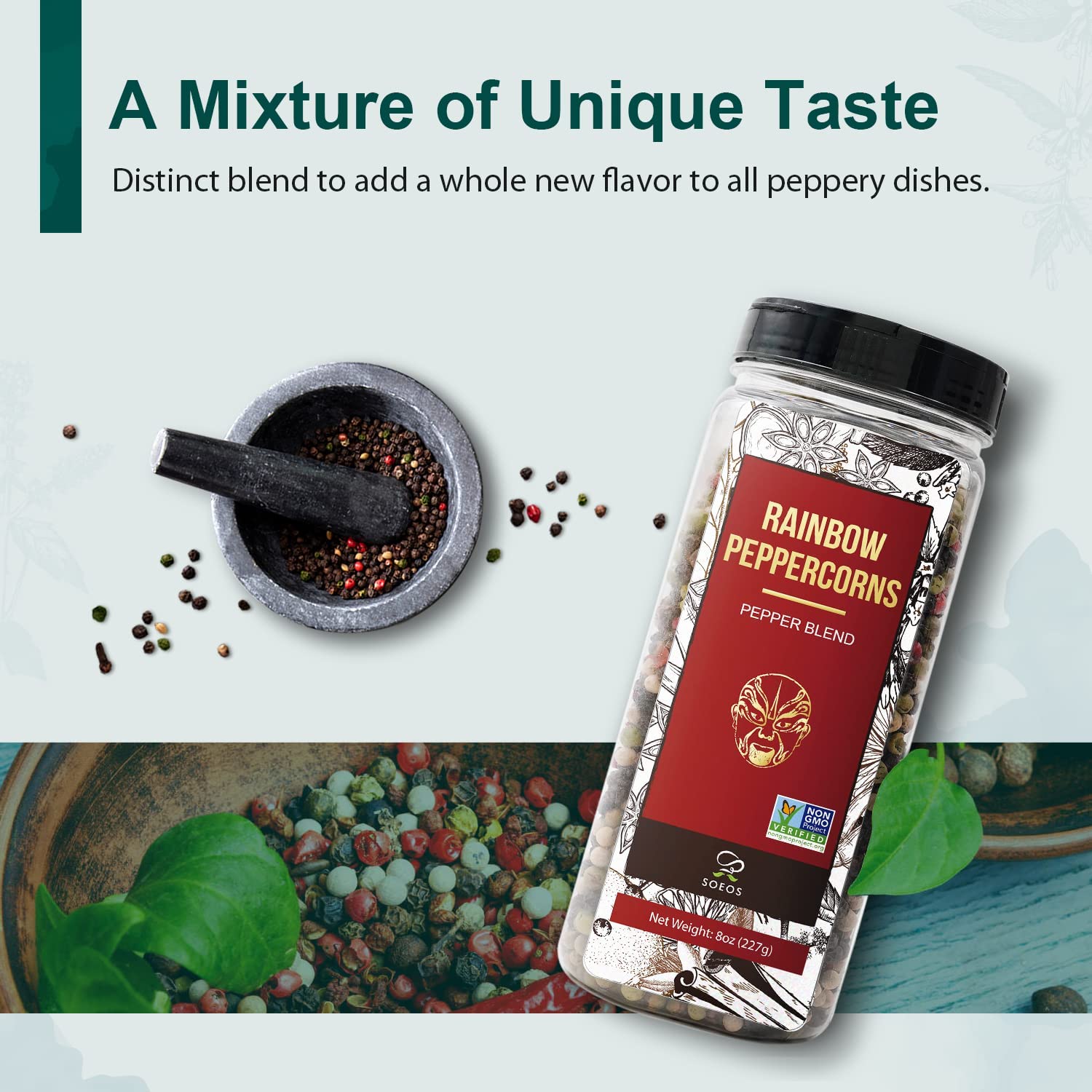 Soeos Rainbow Peppercorns Blend grinder-ready, whole peppercorns for fresh grind.