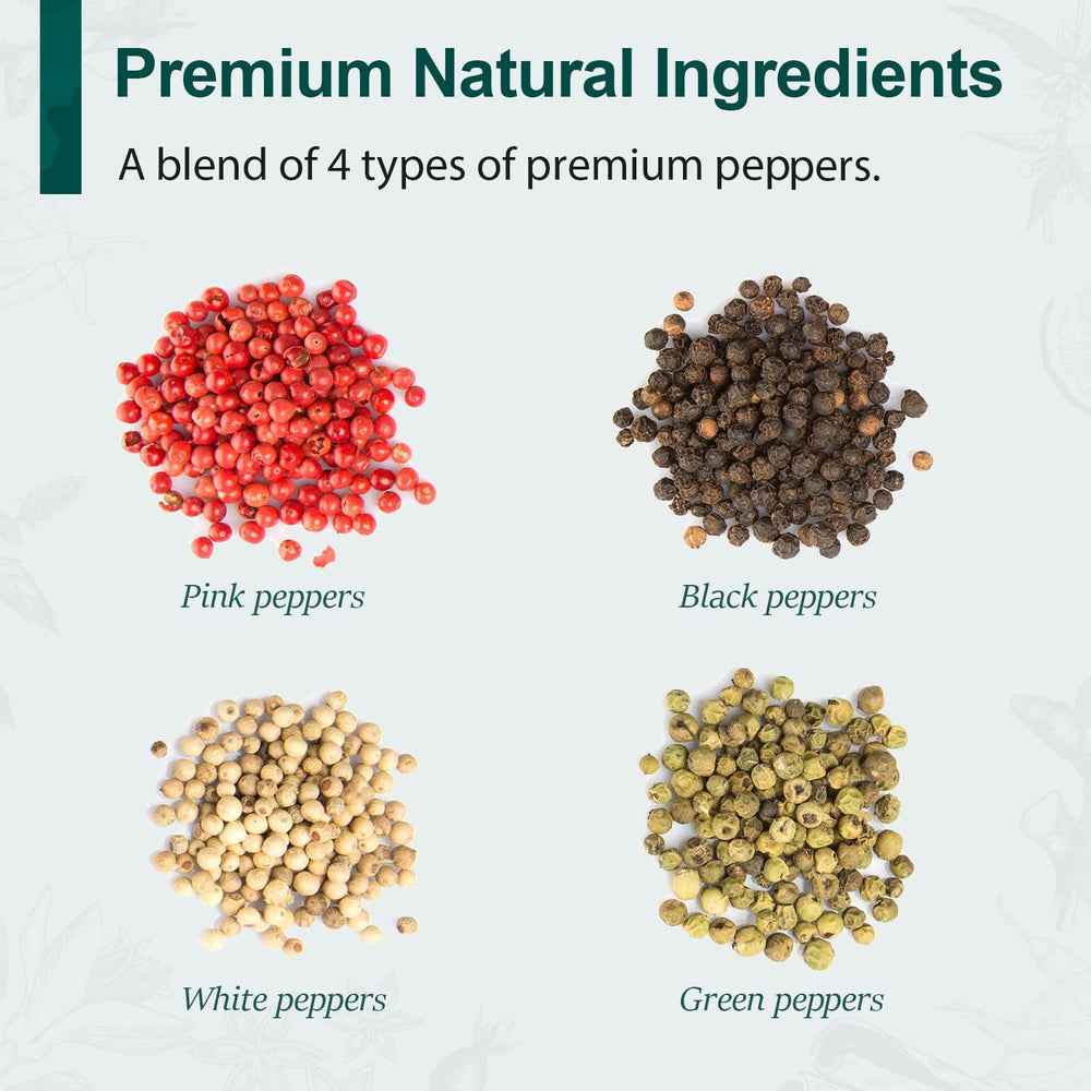Soeos Rainbow Peppercorns Blend label detail, Non-GMO and Kosher assurance.