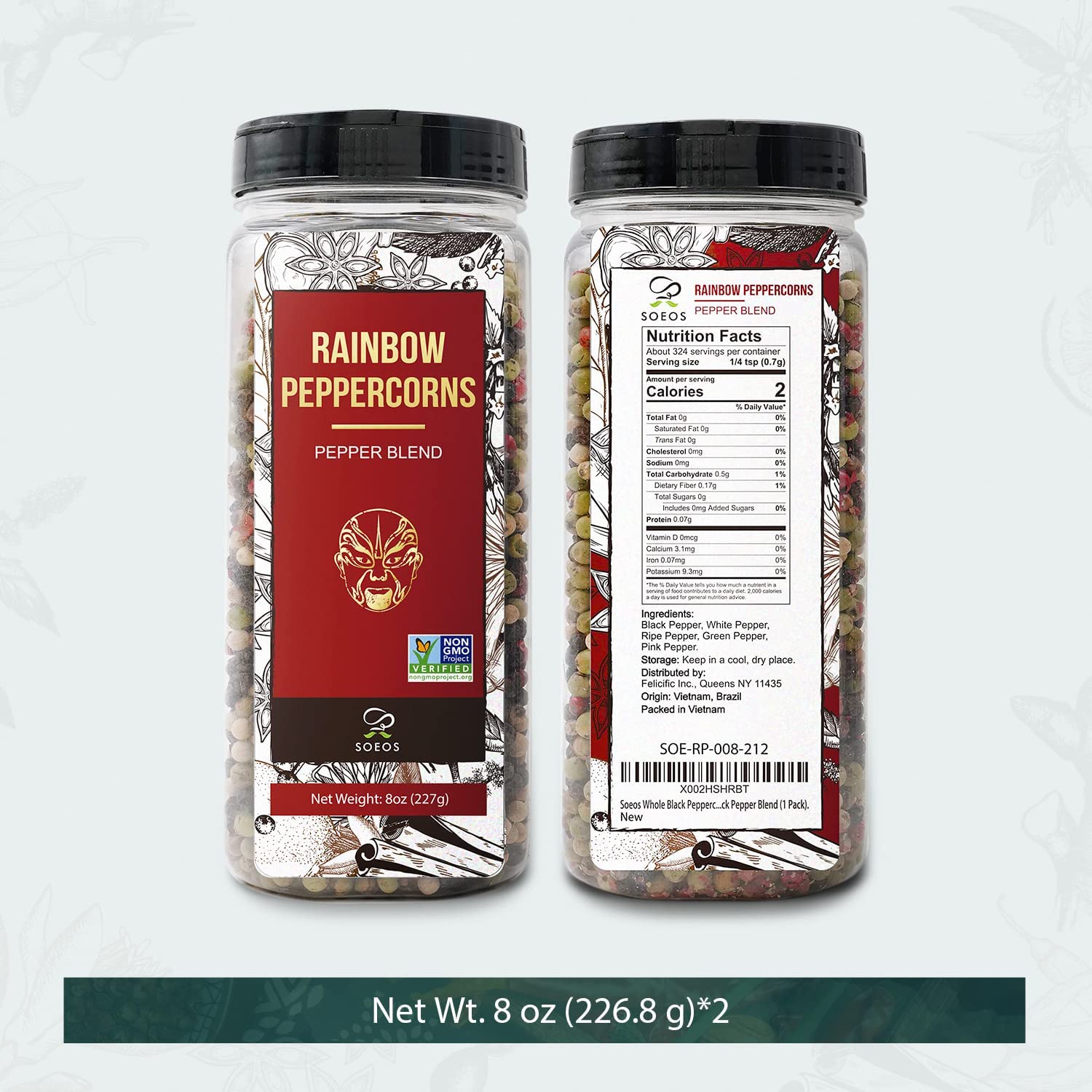 Soeos Rainbow Peppercorns Blend table setting, colorful seasoning option.