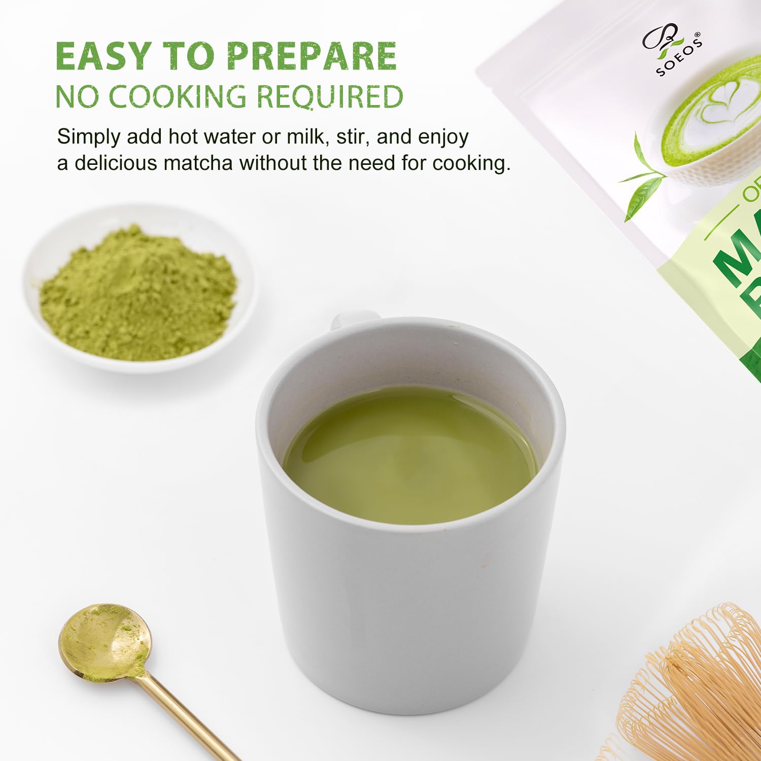 Soeos recyclable packaging supports an eco-friendly choice for matcha lovers.