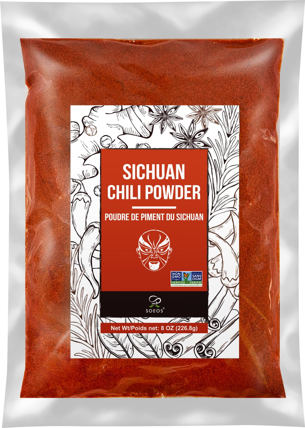 Soeos red chili powder 8oz packaging for easy pantry access and daily cooking.