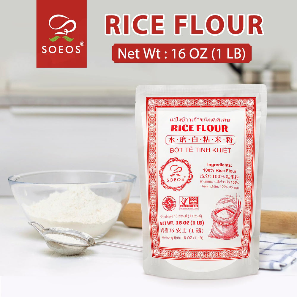 Soeos Rice Flour pantry staple in kitchen for light thickeners and neutral flavor.