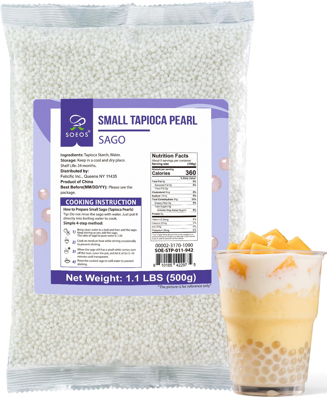 Soeos Sago Tapioca Pearls ready for bubble tea with chewy texture.