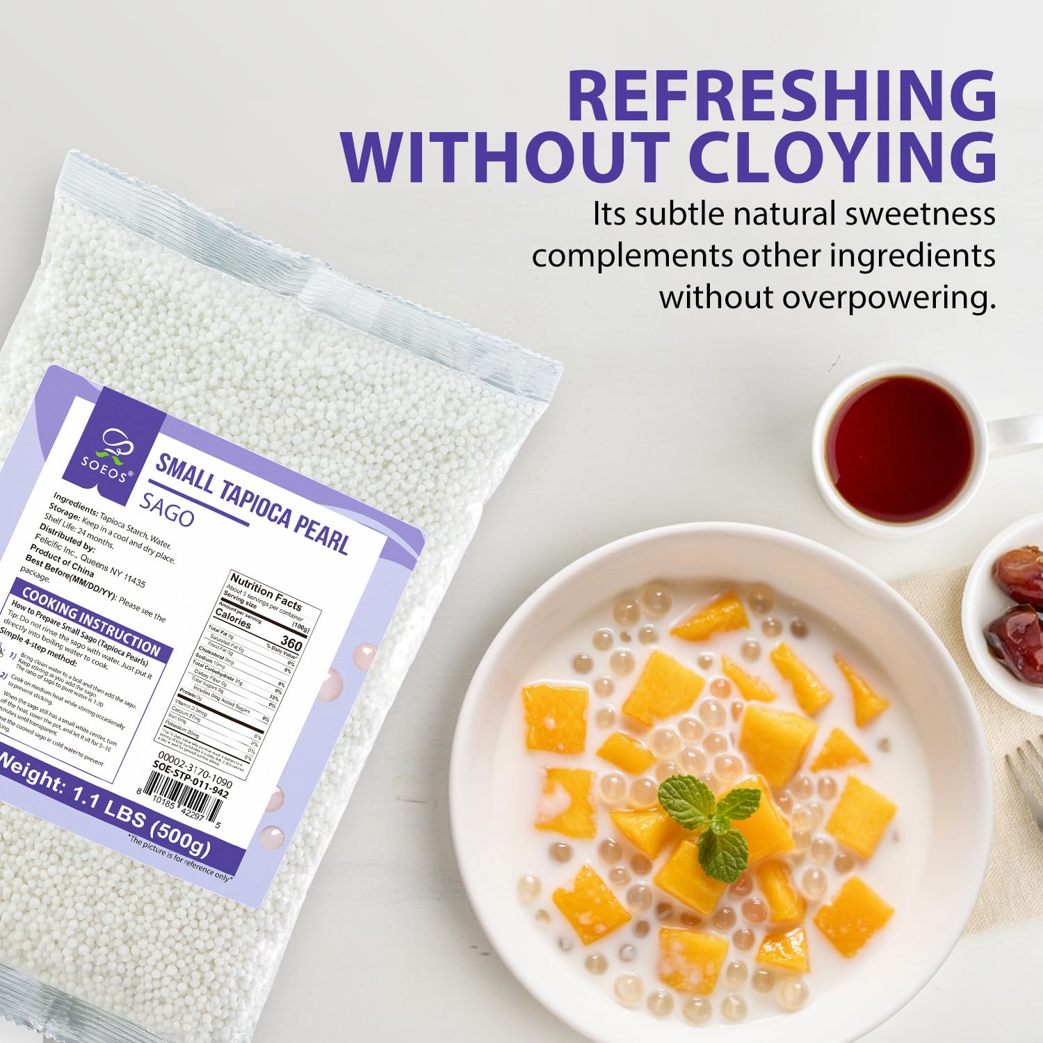 Soeos pearls as dessert topping adding texture and flavor absorption.