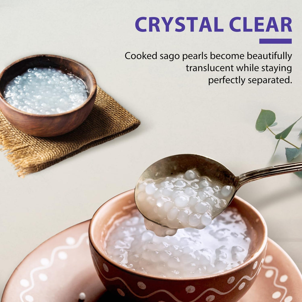 Soeos Sago pearls before cooking show small glossy beads ready to soften.