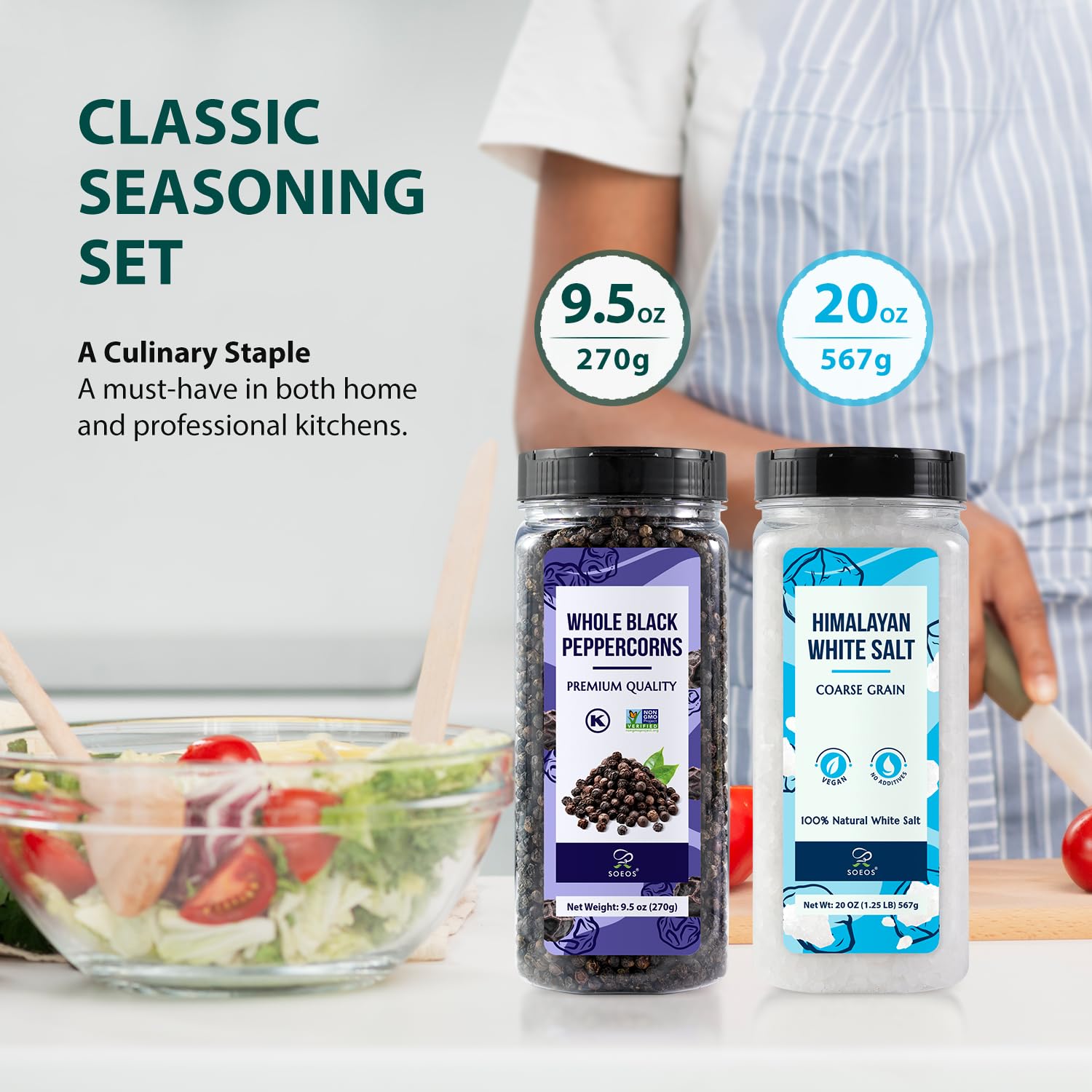 Soeos salt and pepper set on a counter ready for cooking.