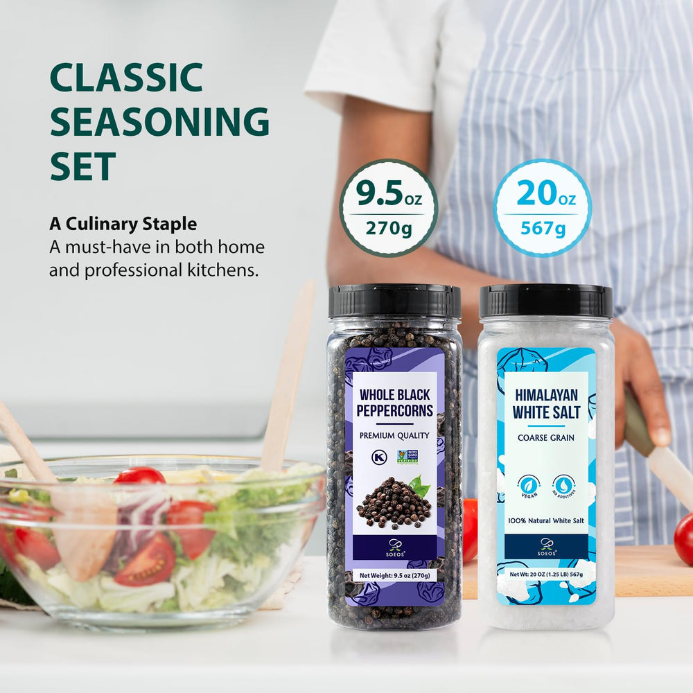Soeos salt and pepper set on a counter ready for cooking.