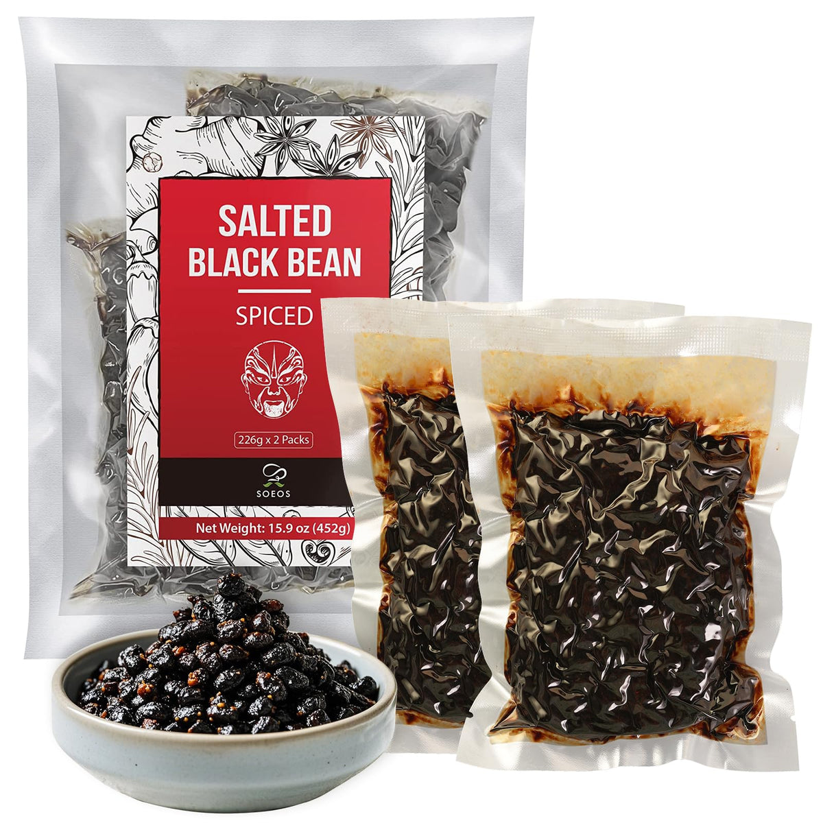 Soeos Salted Black Bean Spiced pack shot highlighting bold umami for stir-fries.