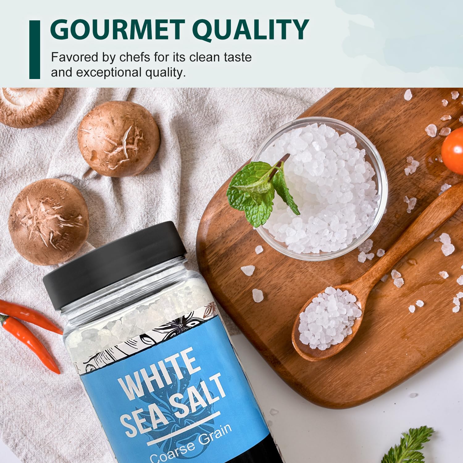 Packaging view of Soeos sea salt showing value and pantry-friendly pack