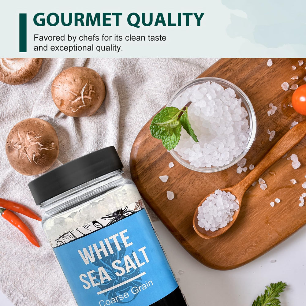 Packaging view of Soeos sea salt showing value and pantry-friendly pack
