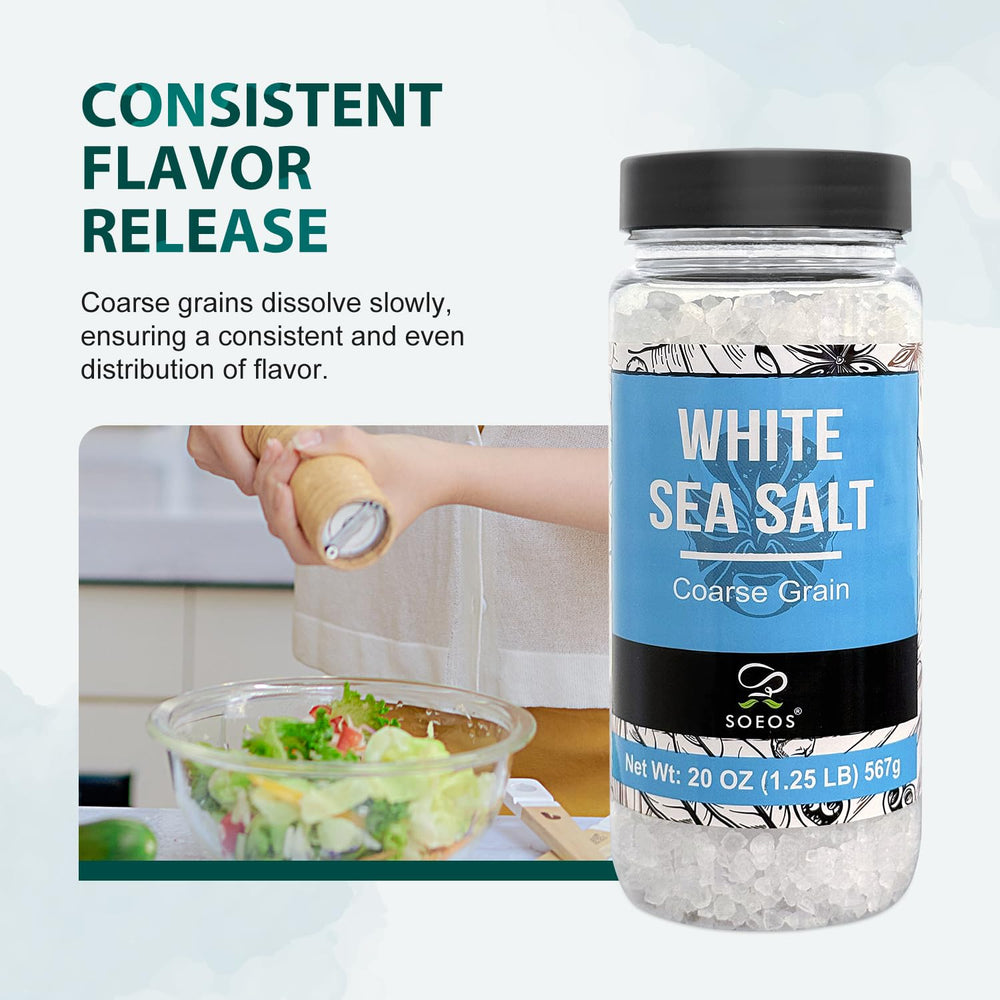 Pouring Soeos coarse sea salt for precise, even distribution