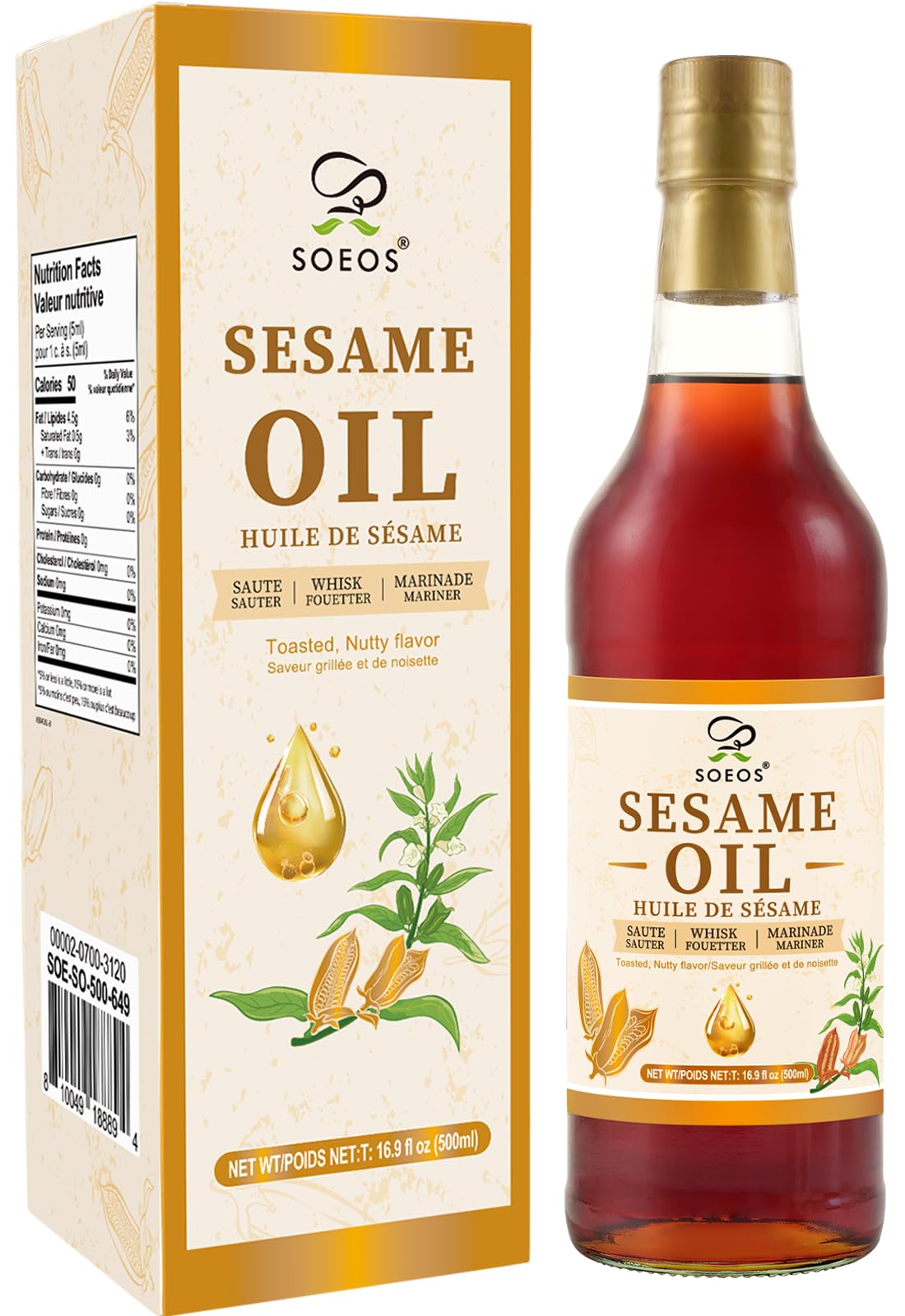 Soeos sesame oil bottle closeup with rich nutty aroma for finishing sauces.