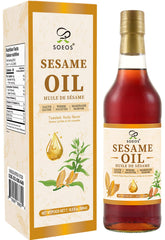 Soeos sesame oil bottle closeup with rich nutty aroma for finishing sauces.