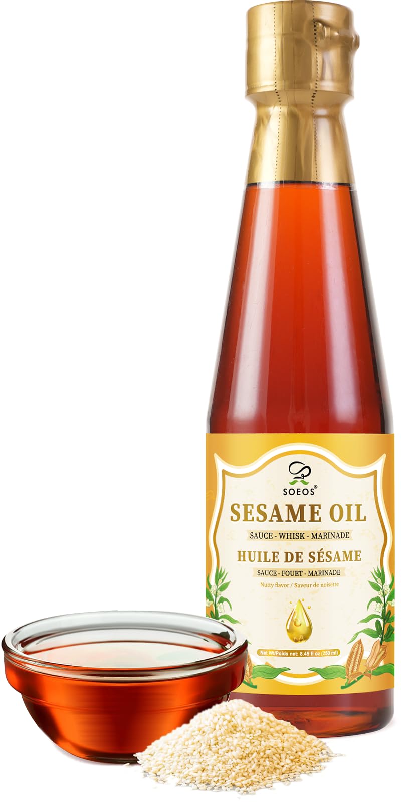 Soeos sesame oil bottle showing nutty aroma for finishing flavor.