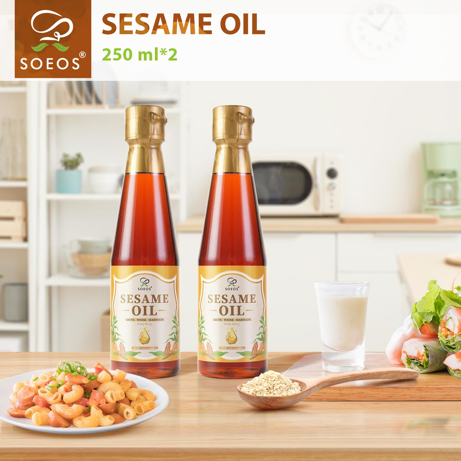 Soeos sesame oil label close-up highlights pure, natural quality.