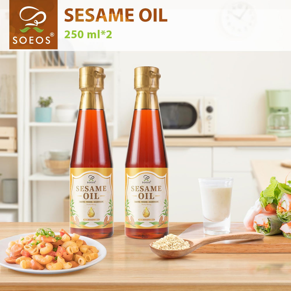 Soeos sesame oil label close-up highlights pure, natural quality.
