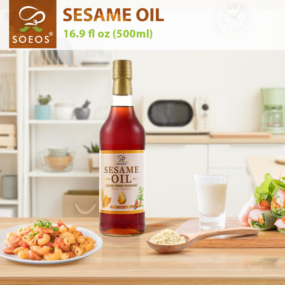 Soeos sesame oil label closeup indicating cold-pressed, natural quality.