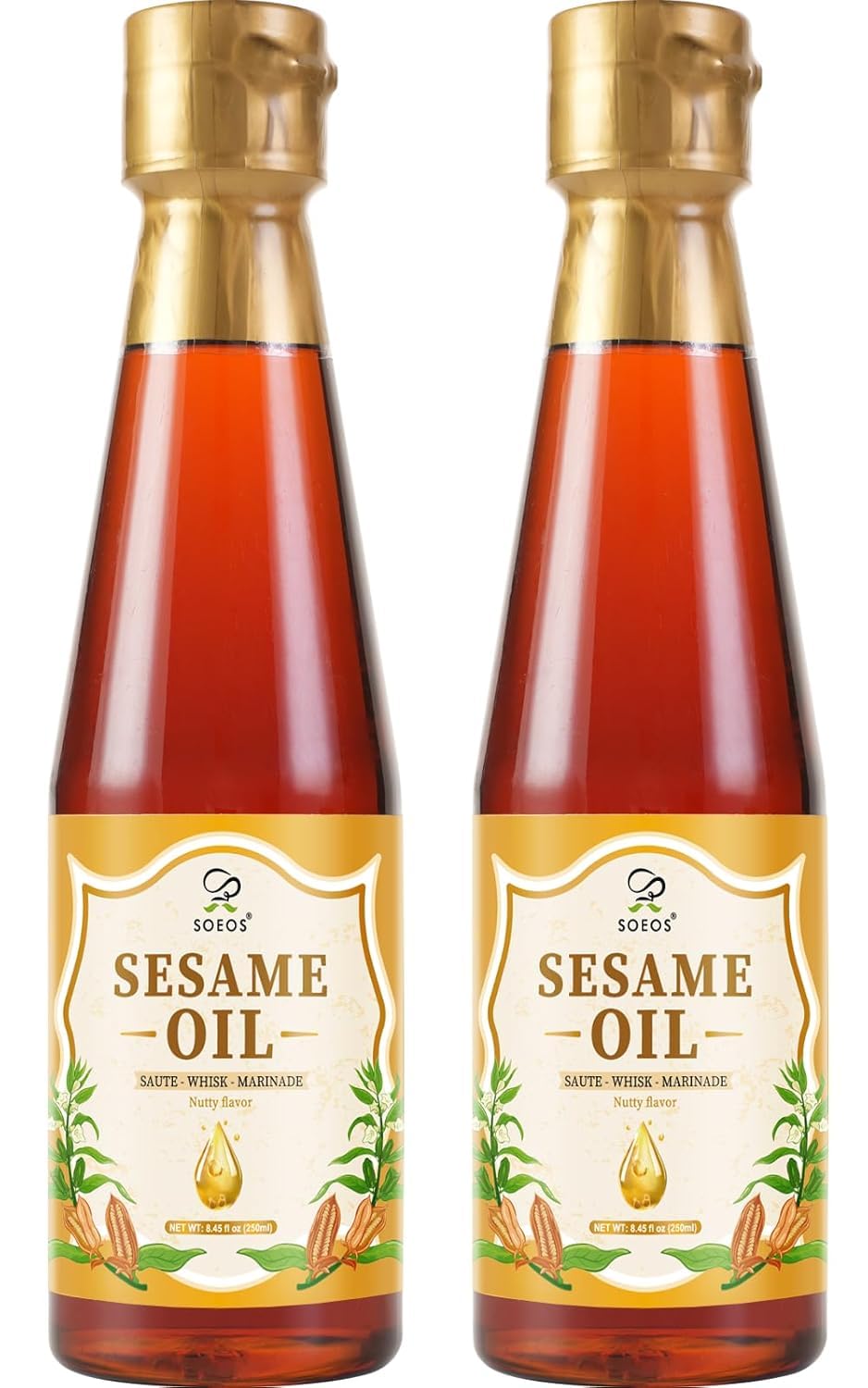Soeos sesame oil two-bottle packaging offers value.