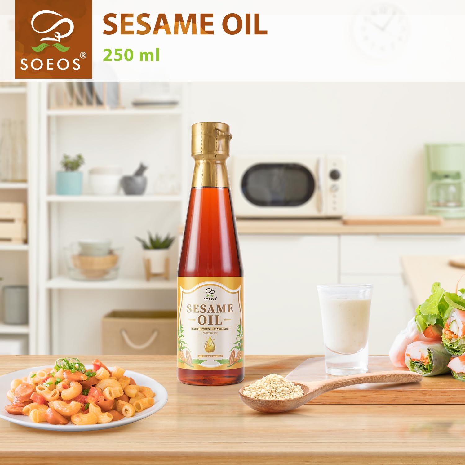 Soeos sesame oil splash into a pan to deepen savor.
