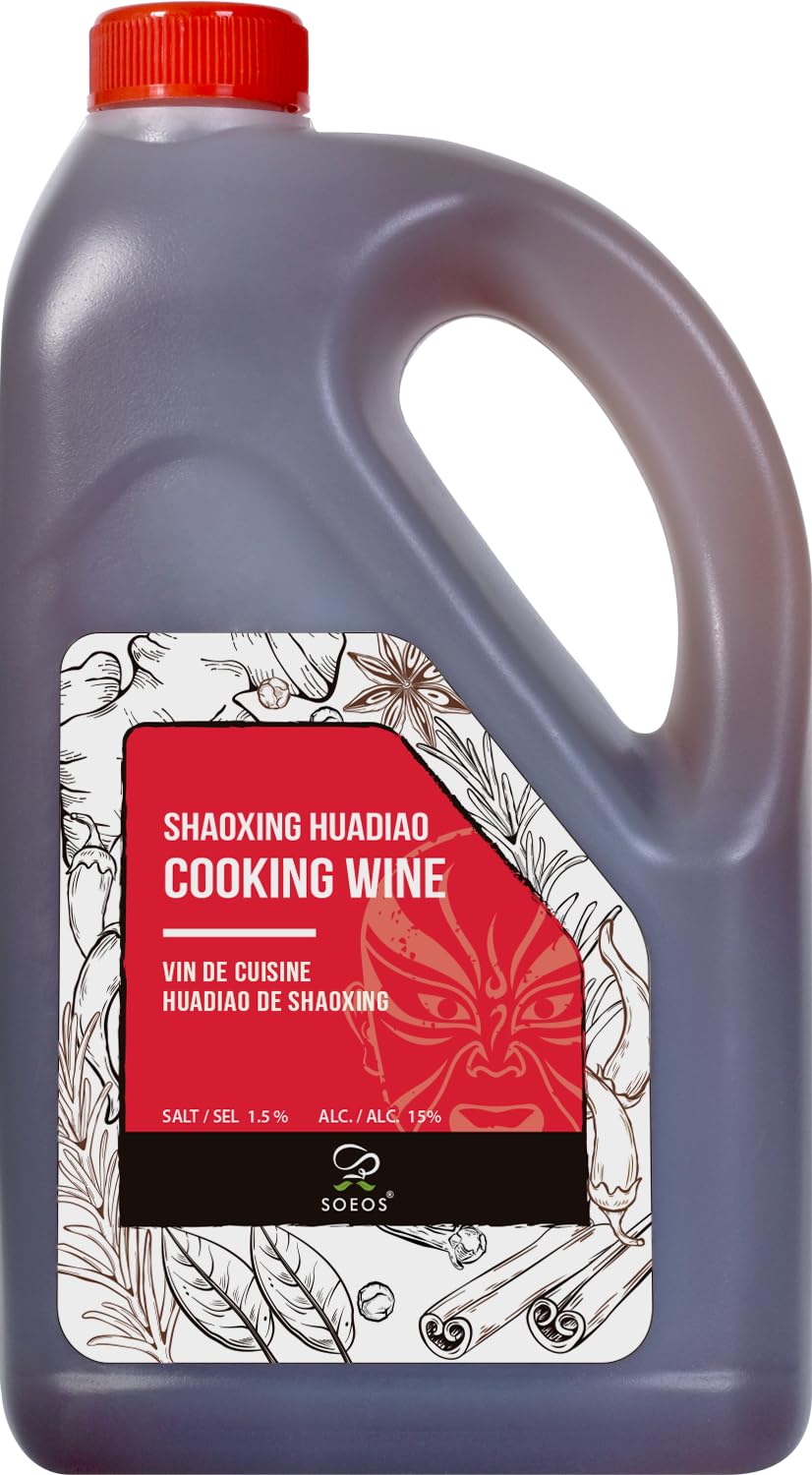 Soeos Shaoxing cooking wine bottle on shelf for authentic flavors