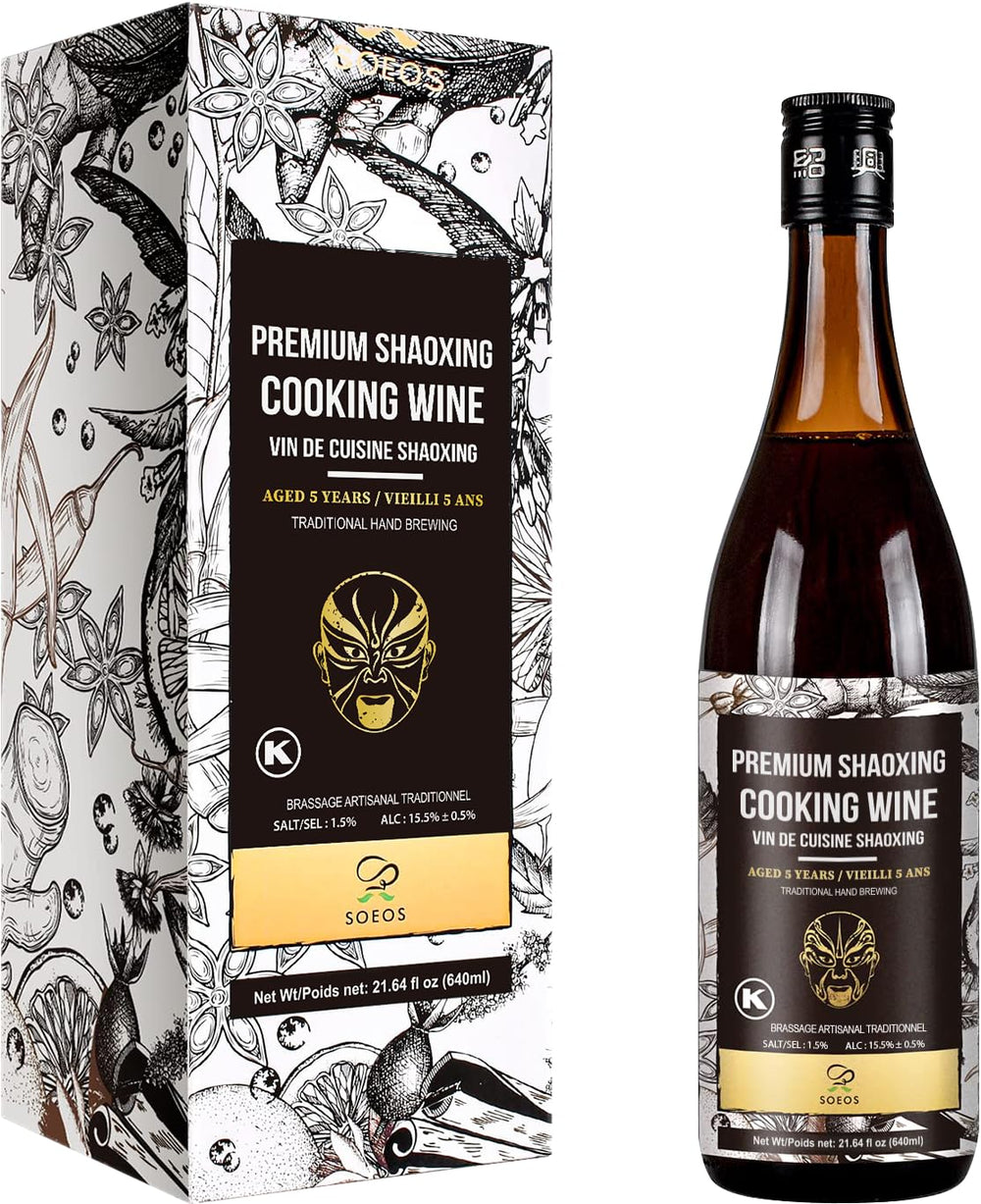 Soeos Shaoxing cooking wine bottle enhances rich stir-fries and soups