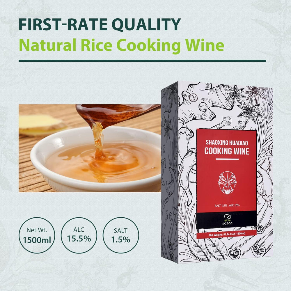 Kitchen scene featuring Soeos Shaoxing wine ready to cook