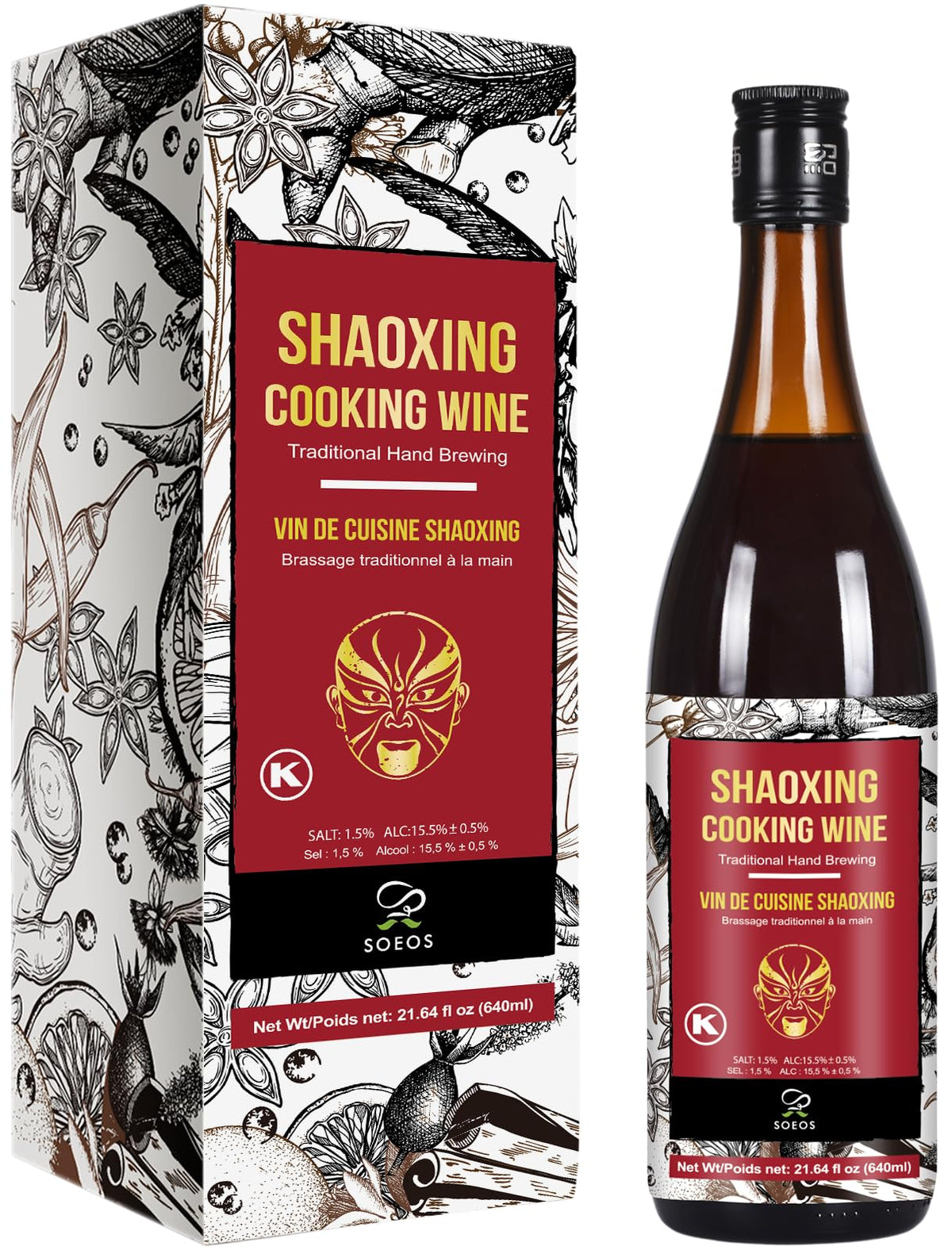 Soeos Shaoxing wine bottle front, ideal for authentic Chinese cooking.