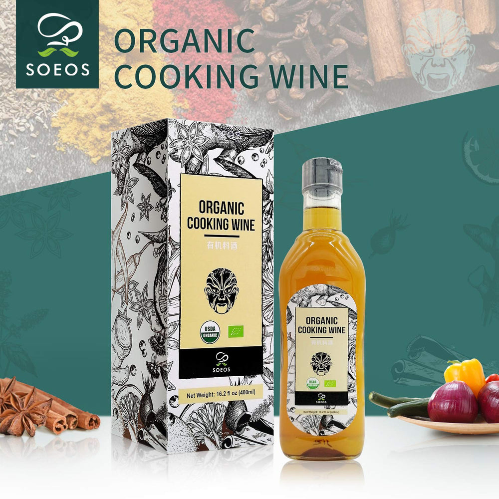 Soeos Organic Shaoxing wine cooking tip scene suggests versatile usage.