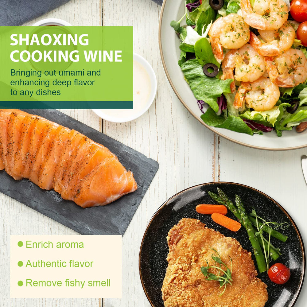 Soeos Shaoxing wine cooking usage closeup, shows versatile kitchen role.