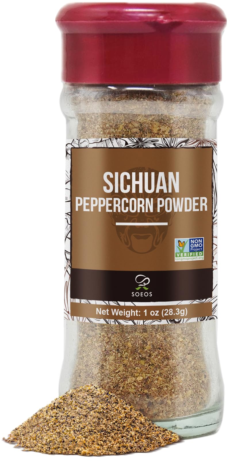Soeos Sichuan Peppercorn Powder bottle shows bold aroma for stir-fries.