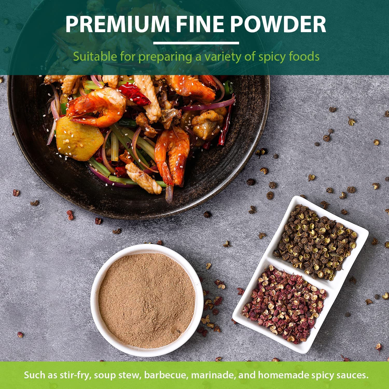 Soeos peppercorn powder on plate elevates seafood dishes with bright zest.