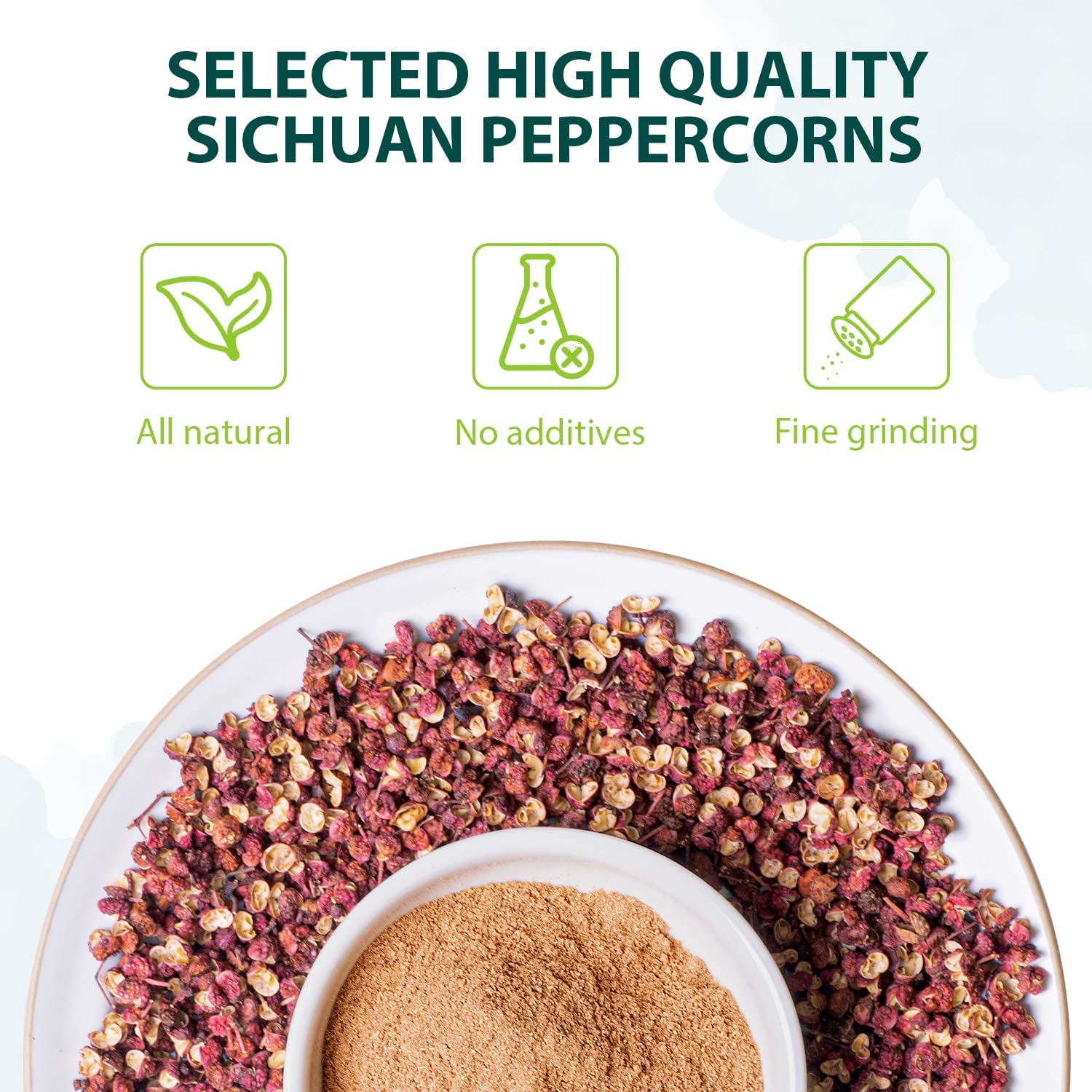 Soeos ground pepper close-up reveals lemony aroma and numbness hint.
