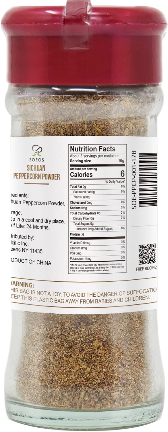 Soeos Sichuan Peppercorn Powder label highlights non-GMO quality and purity.