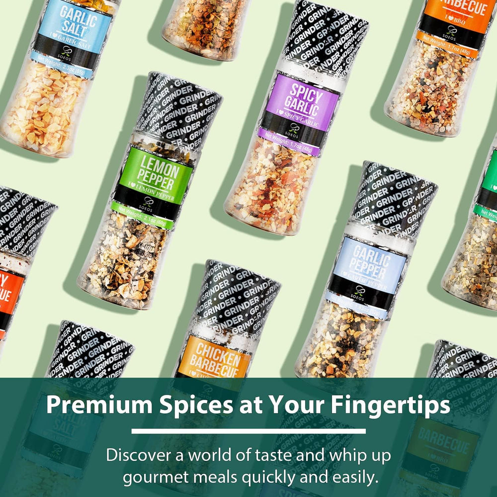 Soeos Spice Set 9 Garlic Salt bottle delivers finishing savory flavor for meats