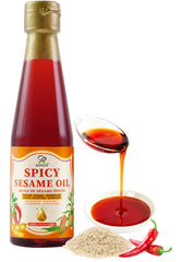 Soeos Spicy Sesame Oil bottle pouring over stir-fried vegetables for stir-fry.